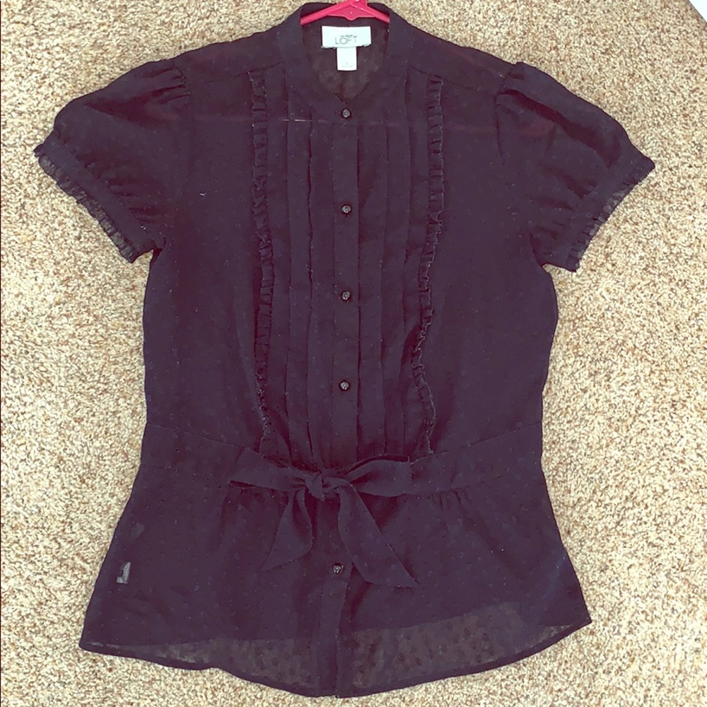 Ann Taylor LOFT Navy Blue Polka dot ruffle Top
